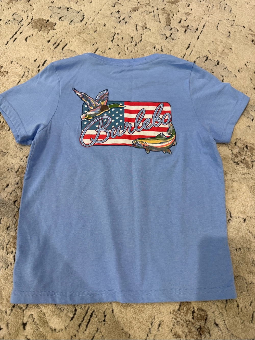 BURLEBO Light Blue Short Sleeve Tee with Patriotic Fish & Duck Graphic